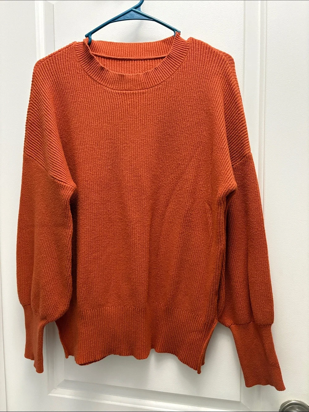 Burnt Orange Textured Knit Sweater Medium Balloon Sleeve Oversized Cozy
